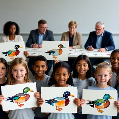 Children show artwork of ducks in classroom