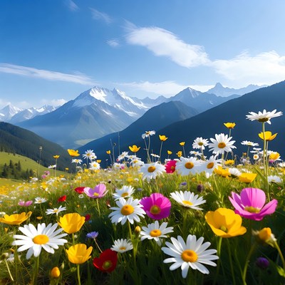 Colorful flowers in mountain scene