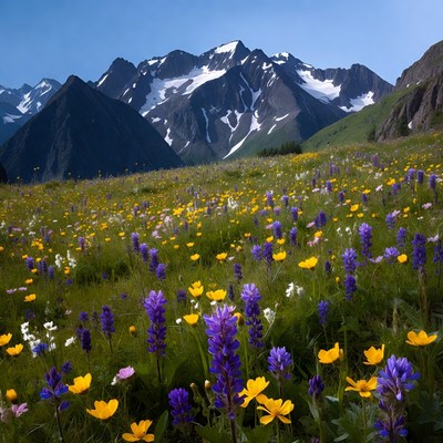 Mountain field with flowers in daylight