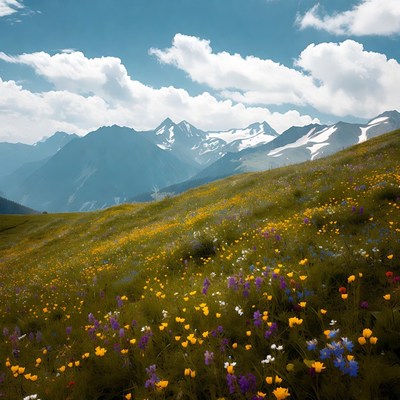 Mountain meadow with wildflowers and peaks