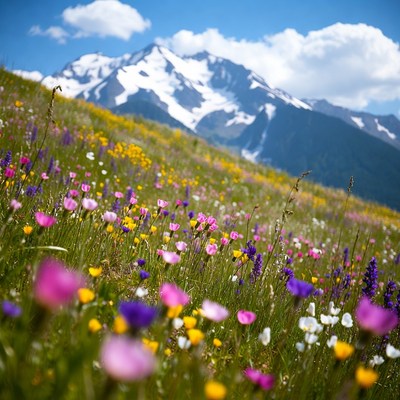 Wildflowers bloom on mountain slopes
