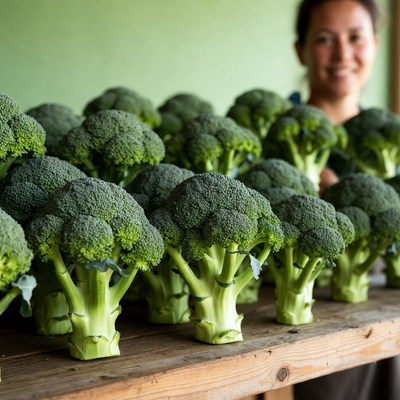Broccoli displayed on a farm stand