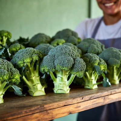 Fresh broccoli on display at market stall