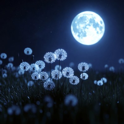 Dandelions glow under full moon