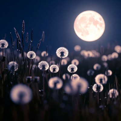 Dandelions glow under full moon