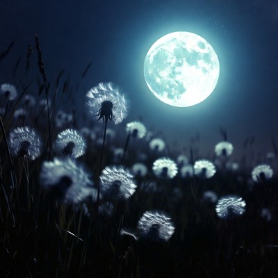 Bright moon over dandelions at night