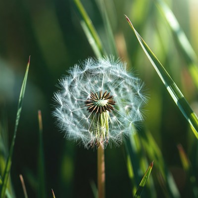 Dandelion in green grass under sunlight