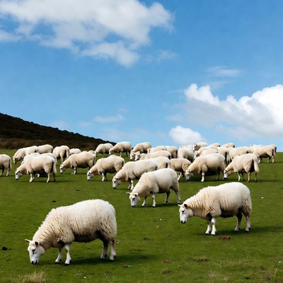 Herd of sheep grazing in green field