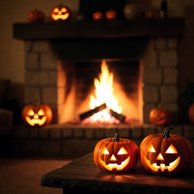 Halloween pumpkins near fireplace glow