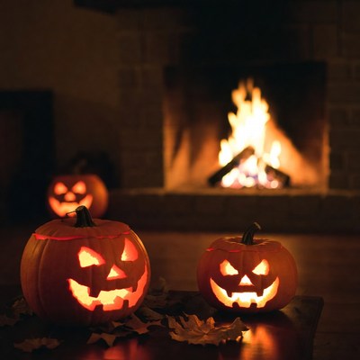 Halloween pumpkins by the fire