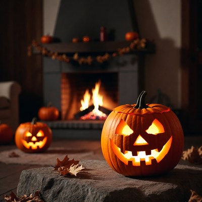 Halloween pumpkins by fireplace with flames