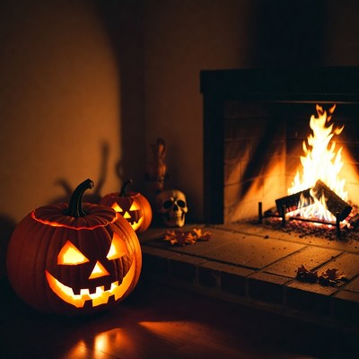Decorated pumpkins by the fire
