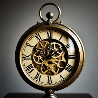 Clock with visible gears and roman numerals