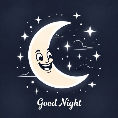 Smiling moon with stars and clouds