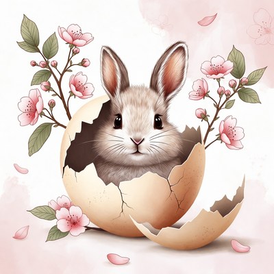Rabbit in broken egg with flowers