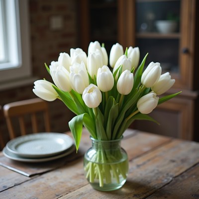White tulips in glass vase on wooden table