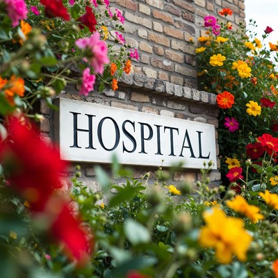 Hospital entrance with flowers near street