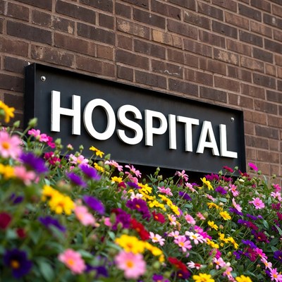 Hospital sign with flowers in front