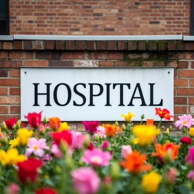 Hospital sign near colorful flowers