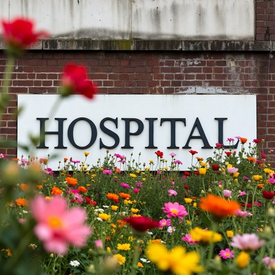 Hospital sign and flower garden view