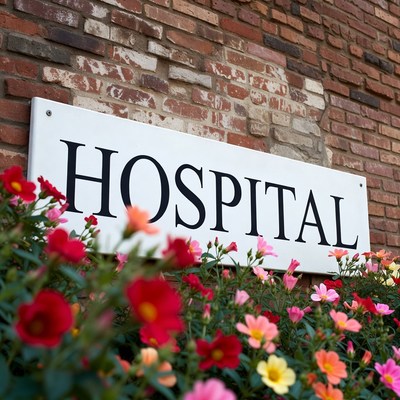 Sign at hospital with flowers