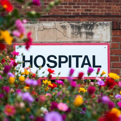 Hospital sign near colorful flowers