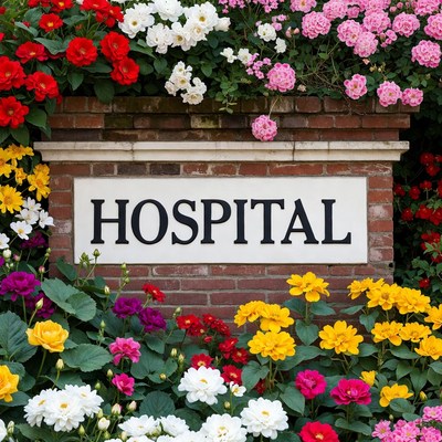 Hospital surrounded by colorful flowers