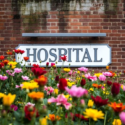 Flowers near hospital entrance in spring