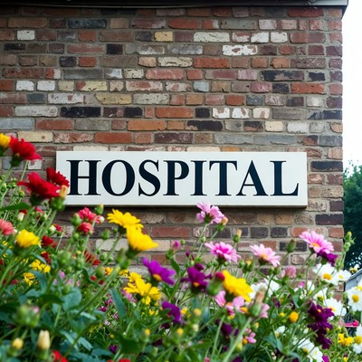 Flowers near hospital entrance in daytime