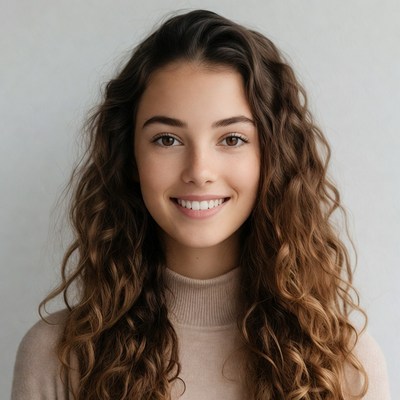 Young woman with curly hair smiling warmly indoors