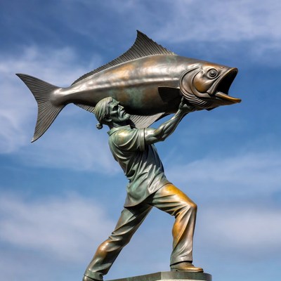Fisherman holding large fish in statue