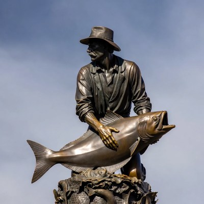 Bronze statue of fisherman with fish