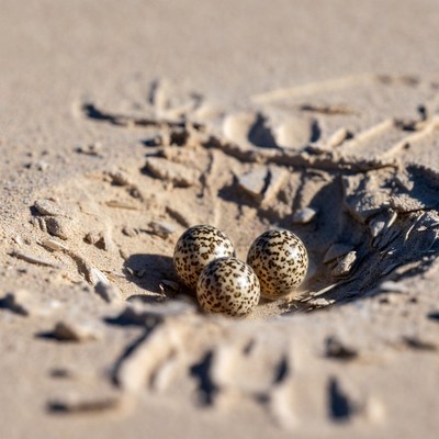 Nest with three speckled eggs on sandy ground