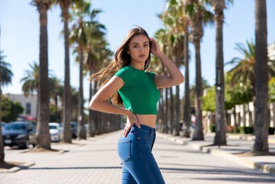 Young woman poses on city street