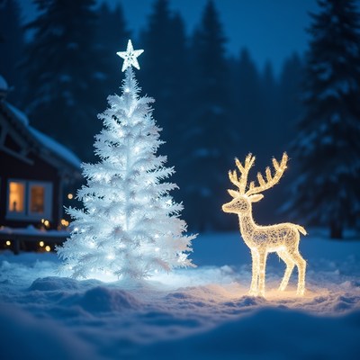 Winter scene with a lit tree and deer