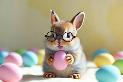 Bunny with easter eggs in spring