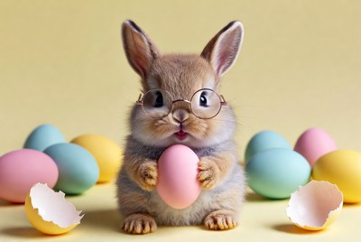 Rabbit holding colorful egg during spring season