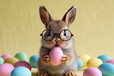 Bunny holding an egg with glasses