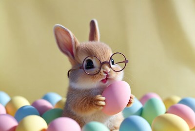 Rabbit holds pastel egg during spring season