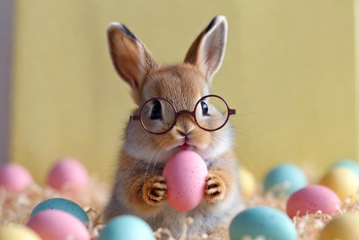 Bunny with glasses holds pink egg