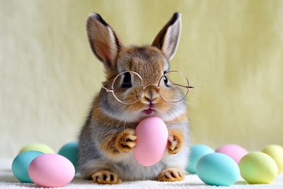 Cute rabbit holding pink egg with glasses