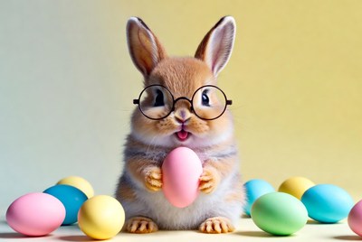 Rabbit holds pastel egg with glasses