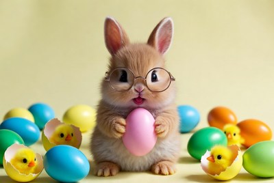 Cute bunny with eggs and chicks