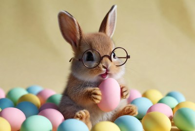 Cute bunny holding pastel egg