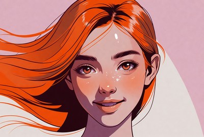 Bright red hair on a smiling face in art