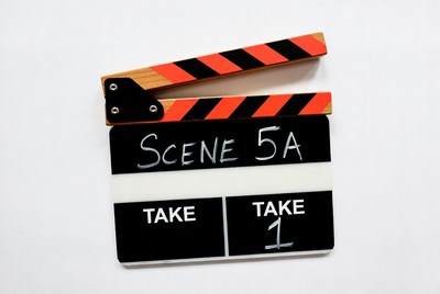 Movie scene clapperboard in studio