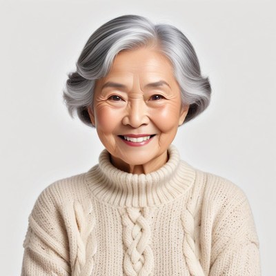 Senior woman with gray hair smiles warmly