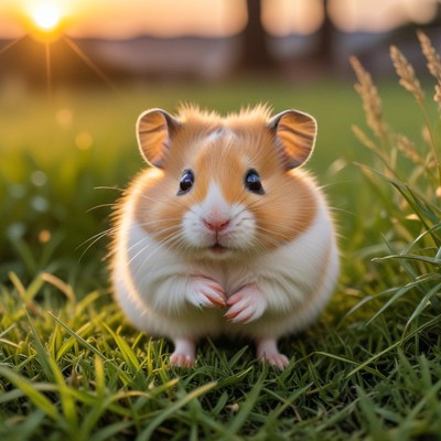 Hamster enjoys grass at sunset