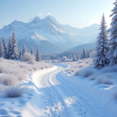 Winter pathway through snowy mountains