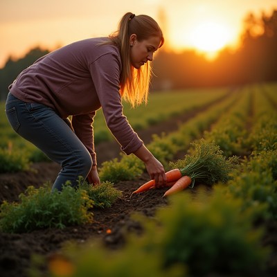 Harvesting carrots at sunset in a field